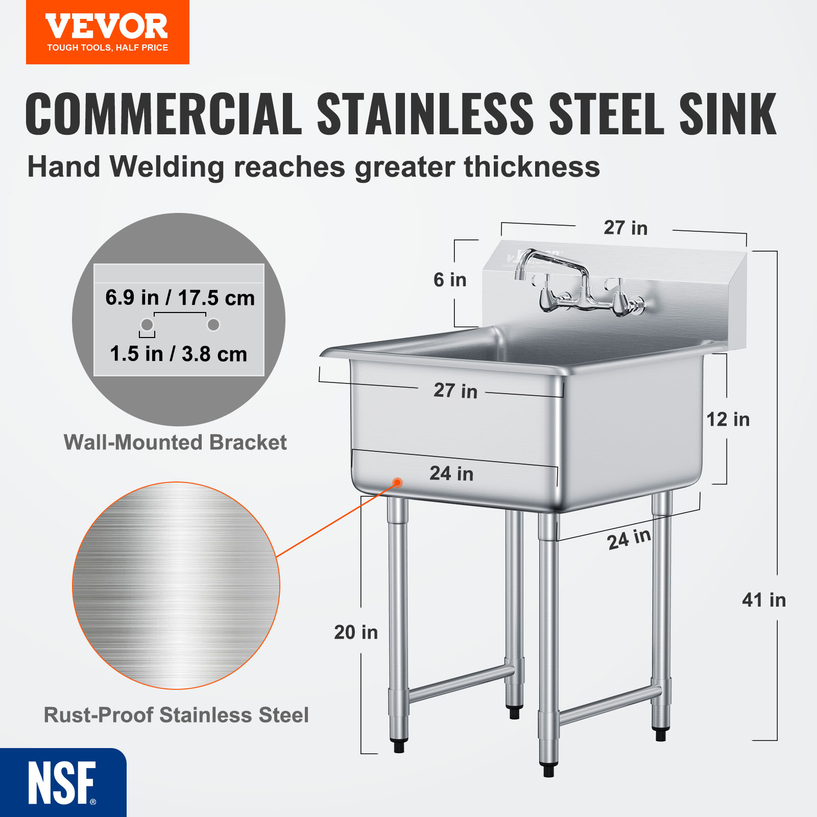 VEVOR Stainless Steel Commercial Utility Prep Sink Single Bowl w/Workbench