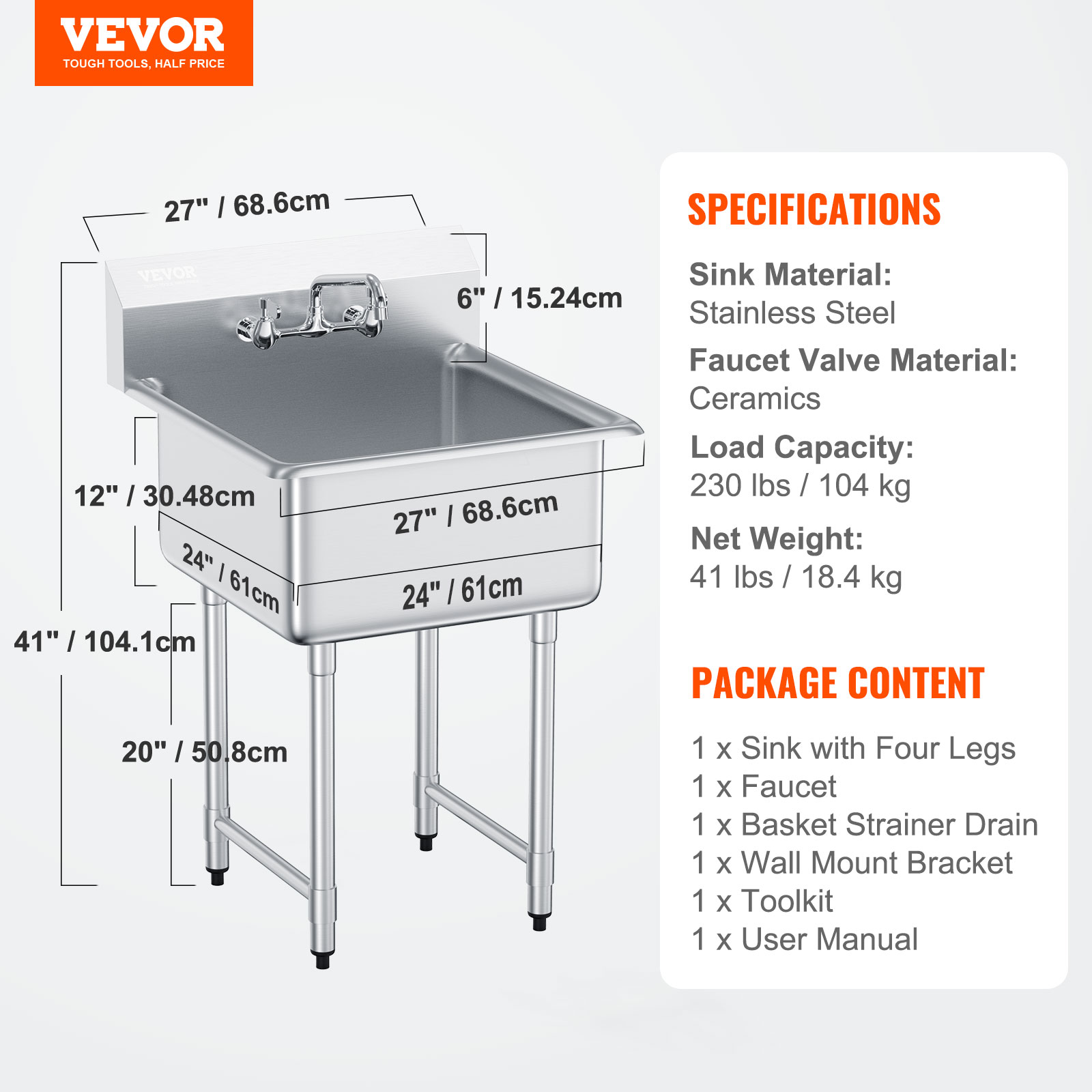 VEVOR Stainless Steel Commercial Utility Prep Sink Single Bowl w/Workbench