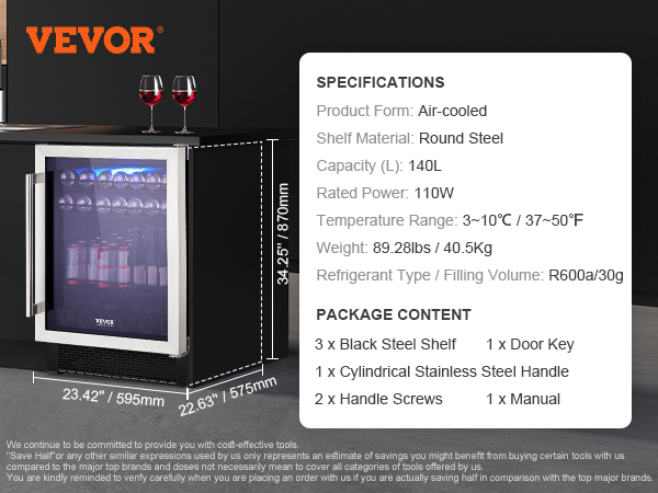 VEVOR 24 Undercounter Refrigerator, 2 Drawer Built-in Beverage  Refrigerator with Touch Panel, 5.12 Cu.ft. Capacity, Waterproof Indoor and  Outdoor