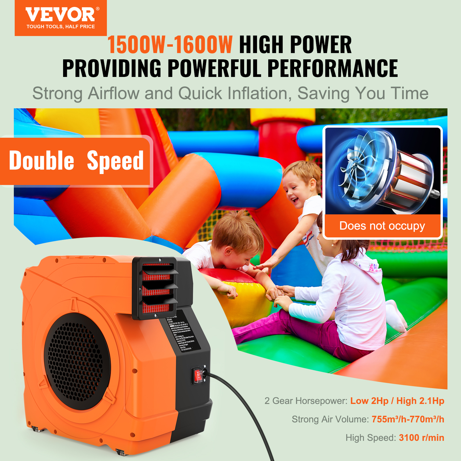 VEVOR Inflatable Bounce House Blower 2 & 2.1 HP 1500W Air Blower Pump Fan