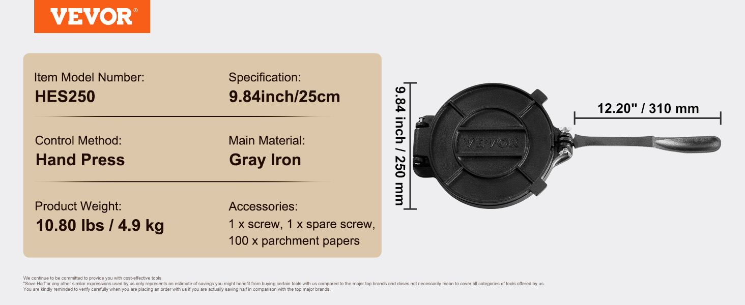 VEVOR tortilla press hes250, 9.84 inch gray iron, hand press, 10.80 lbs, with screw and parchment papers.