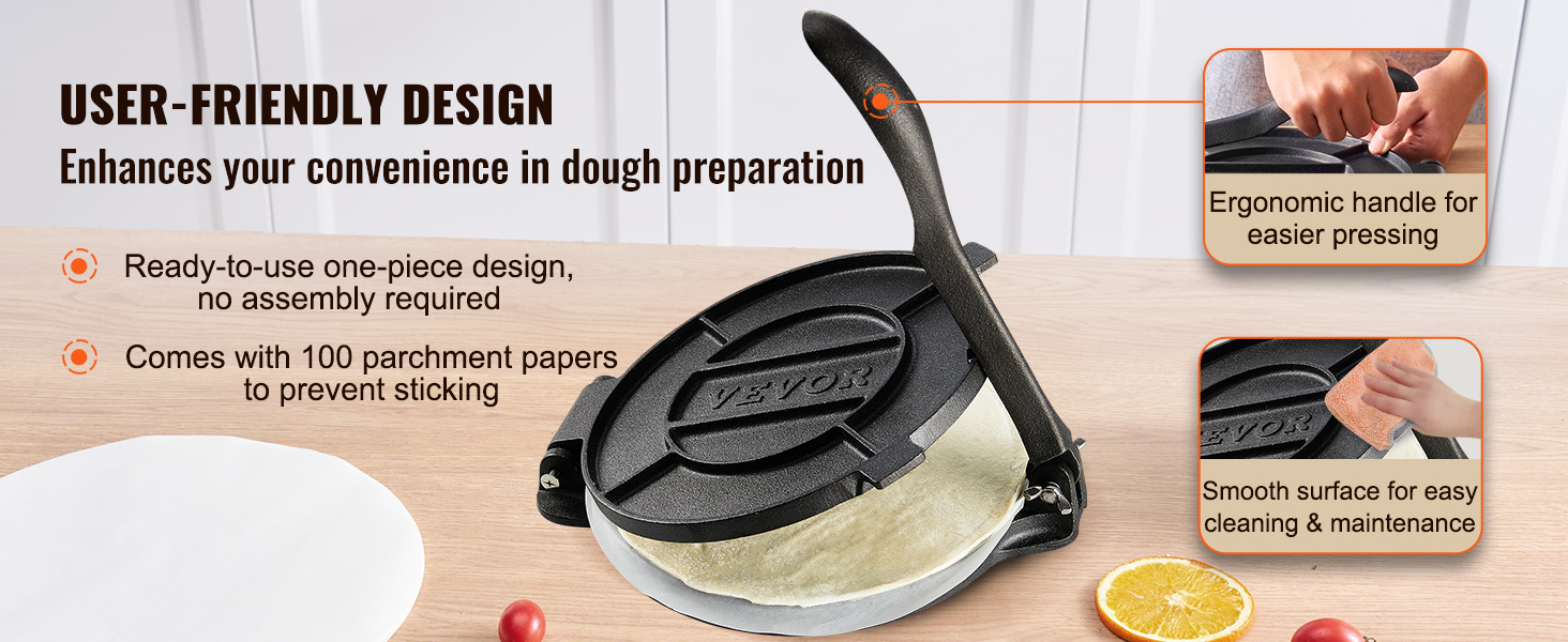 VEVOR tortilla press with ergonomic handle, smooth surface, and included parchment papers for convenience.