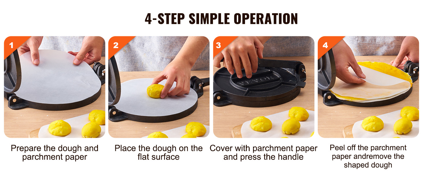 4-step simple operation for VEVOR tortilla press: prepare dough, place on surface, press, remove shaped dough.