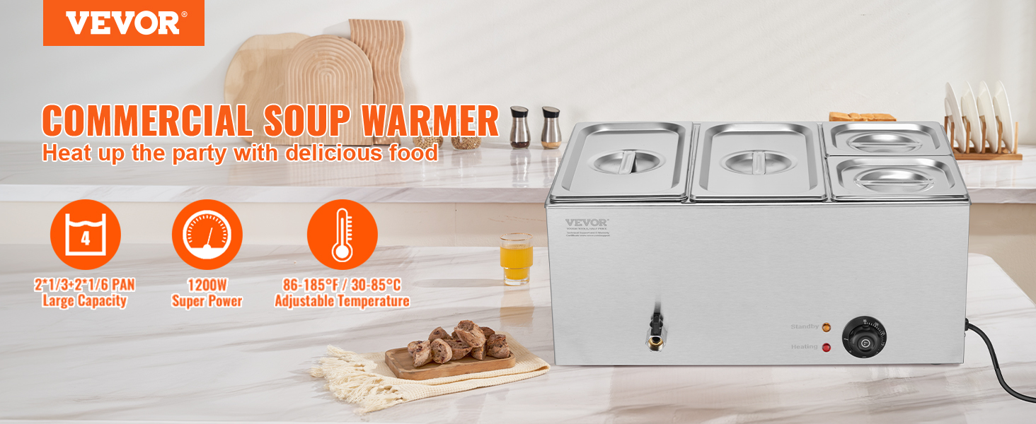VEVOR Scaldavivande Elettrico Da Banco A Bagnomaria &ndash; 4 Vaschette Inox 15,5L &ndash; 1200W