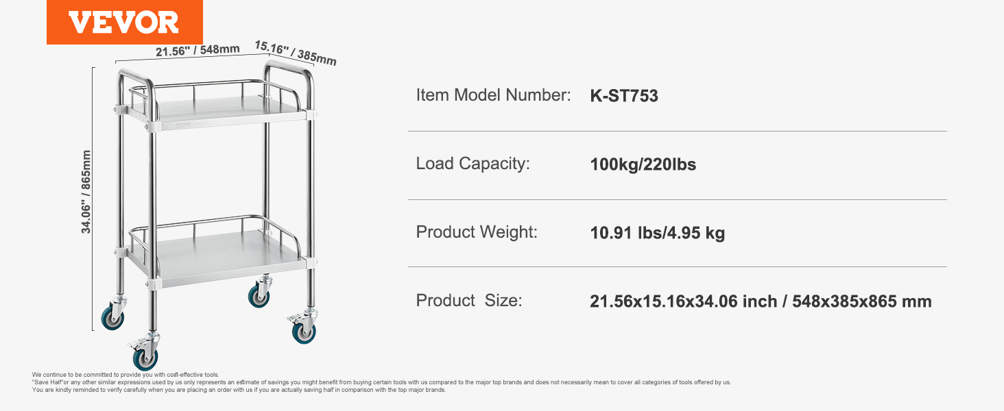 Laboratórny vozík VEVOR, 2-policový vozík z nerezovej ocele, laboratórny servírovací vozík s otočnými kolieskami, stomatologický vozík pre kliniku, laboratórium, nemocnicu, salón, 15,16