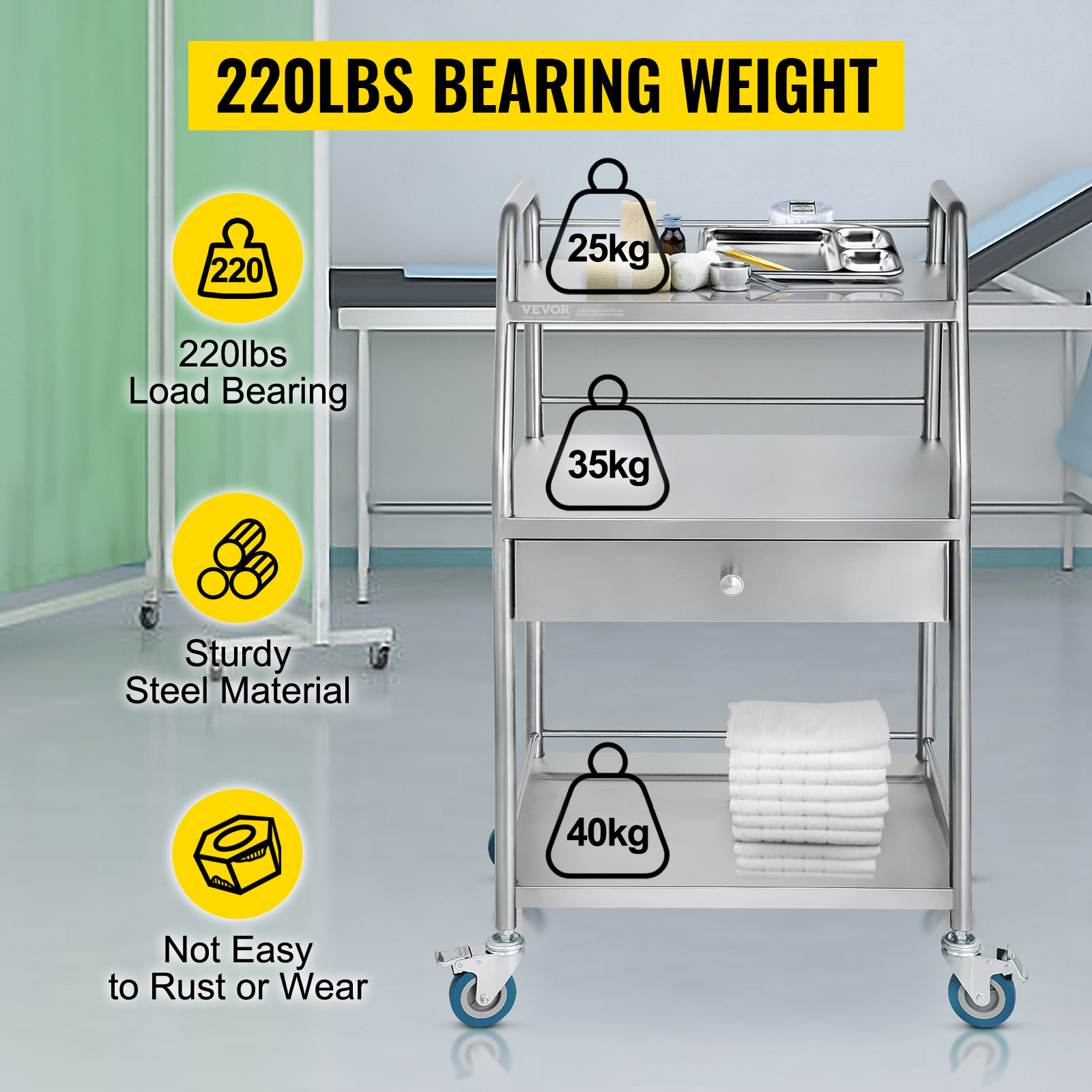 3-Layer, Stainless Steel, Lab Cart