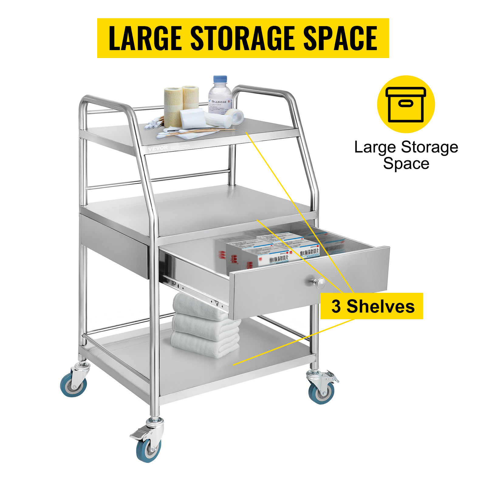 3-Layer, Stainless Steel, Lab Cart