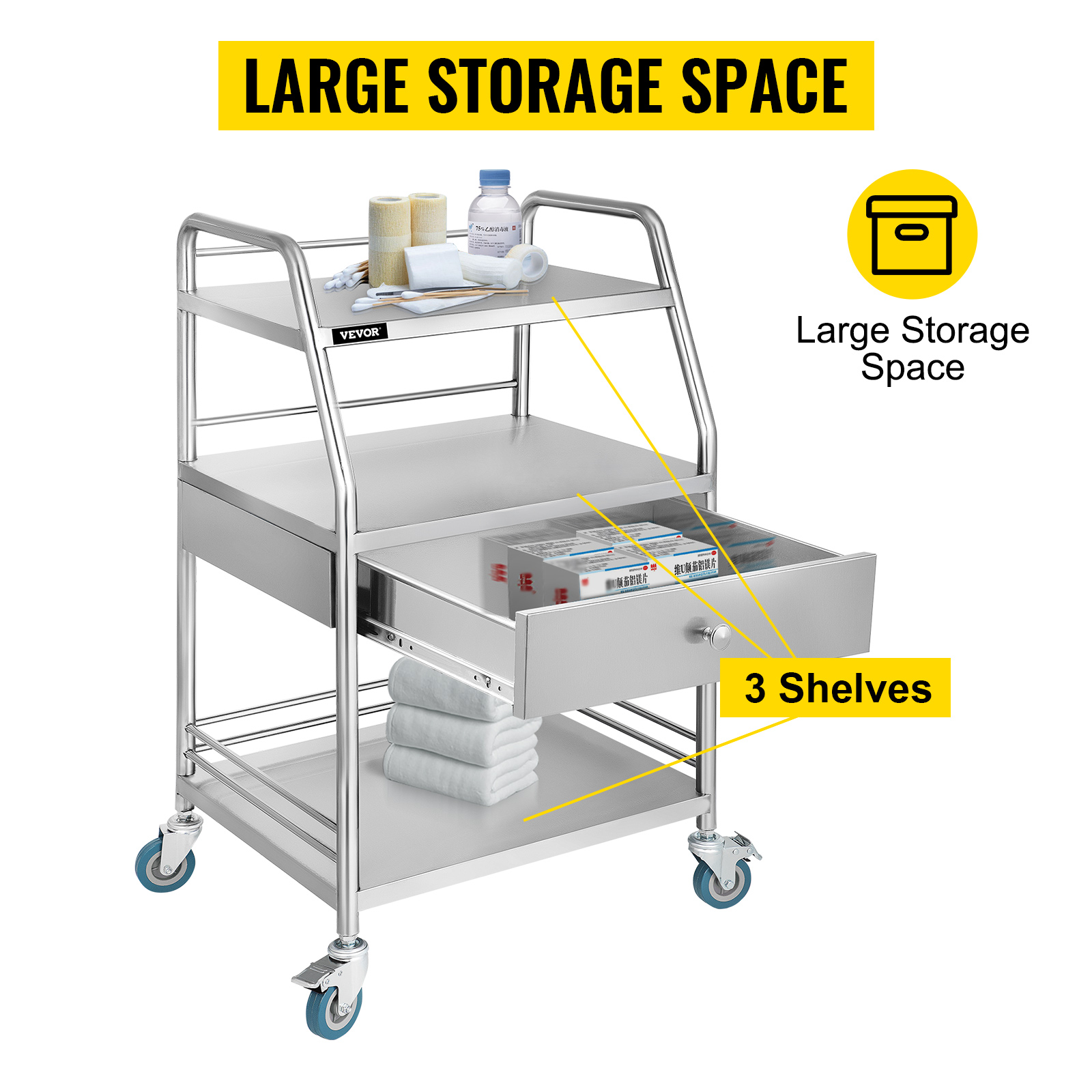 VEVOR Utility Cart with 3 Shelves Shelf Stainless Steel with Wheels Rolling  Cart Commercial Wheel Dental Lab Cart Utility Services (3 Shelves/ 1  Drawer)