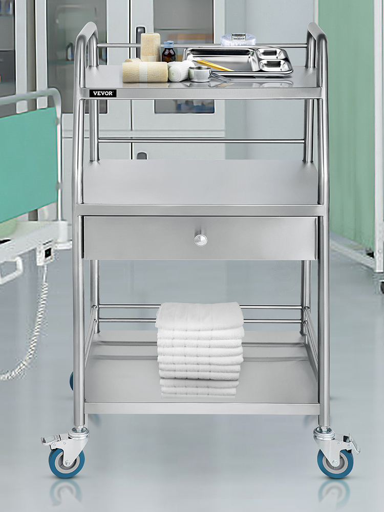 Medical Trolley Mobile Rolling Serving Cart w/ 3 Tiers 1 Drawer Stainless Wheels