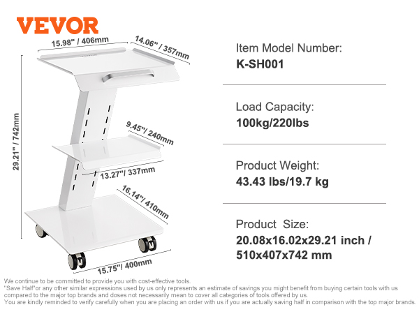 VEVOR Chariot De Laboratoire Médical Avec Prise Intégrée, Dessert Mobile En Métal à 3 Couches, Avec Roues Pivotantes, Charge De 100 Kg, Pour Laboratoire, Clinique, Salon De Beauté