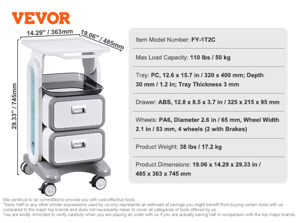 VEVOR 3 Tiers Lab Carts Mobile Medical Cart with 2 Drawers & 1 Top Tray ...