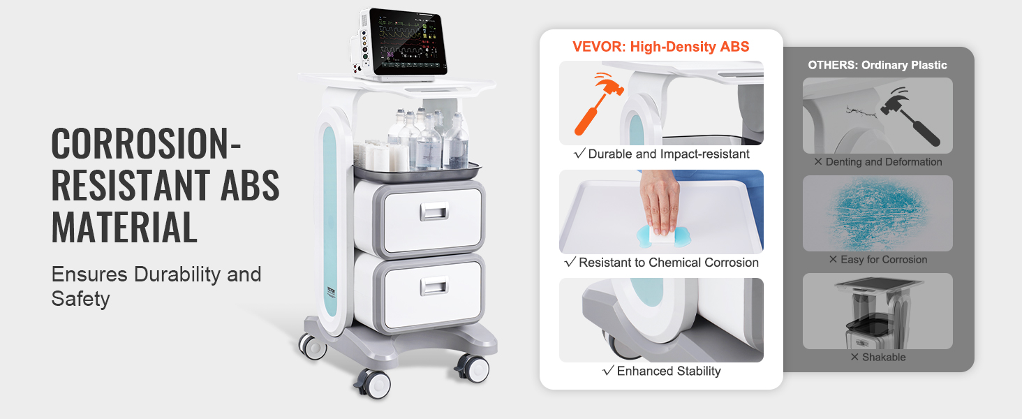 VEVOR 3 Tiers Lab Carts Mobile Medical Cart with 2 Drawers & 1 Top Tray ...
