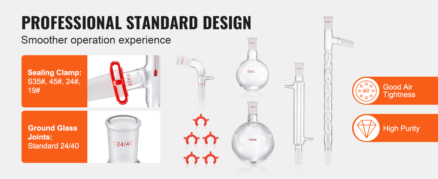 VEVOR 500ml Essential Oil Distillation Kit, 3.3 Boro Glassware Distillation Kit With 1000w Heating Plate And 24 40 Joint 33 Pcs Set