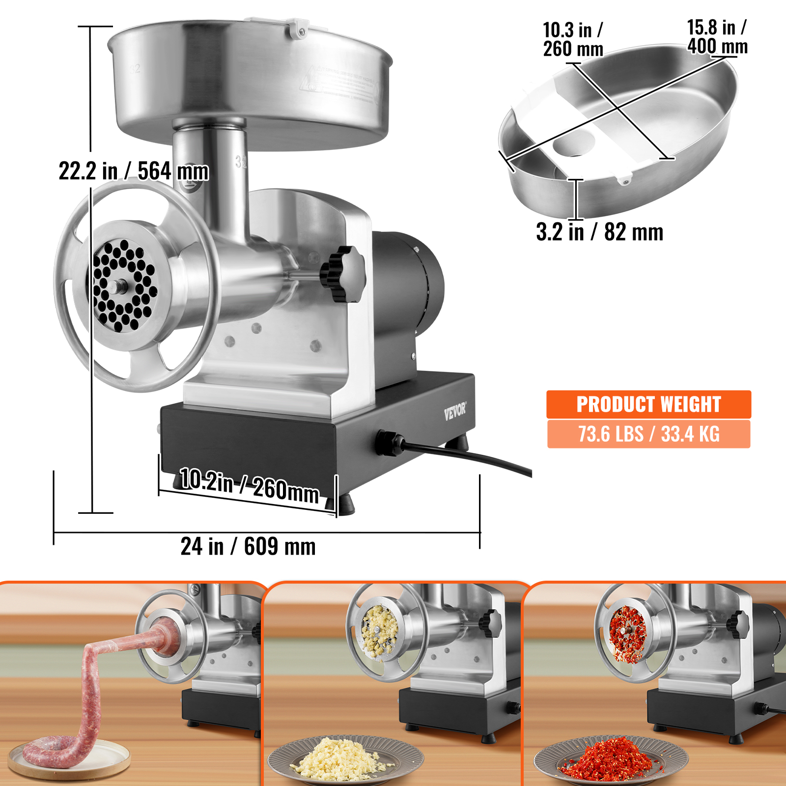 VEVOR Commercial Electric Meat Grinder 5-21Lbs/Min Sausage Stuffer Maker Kitchen - Picture 9 of 98