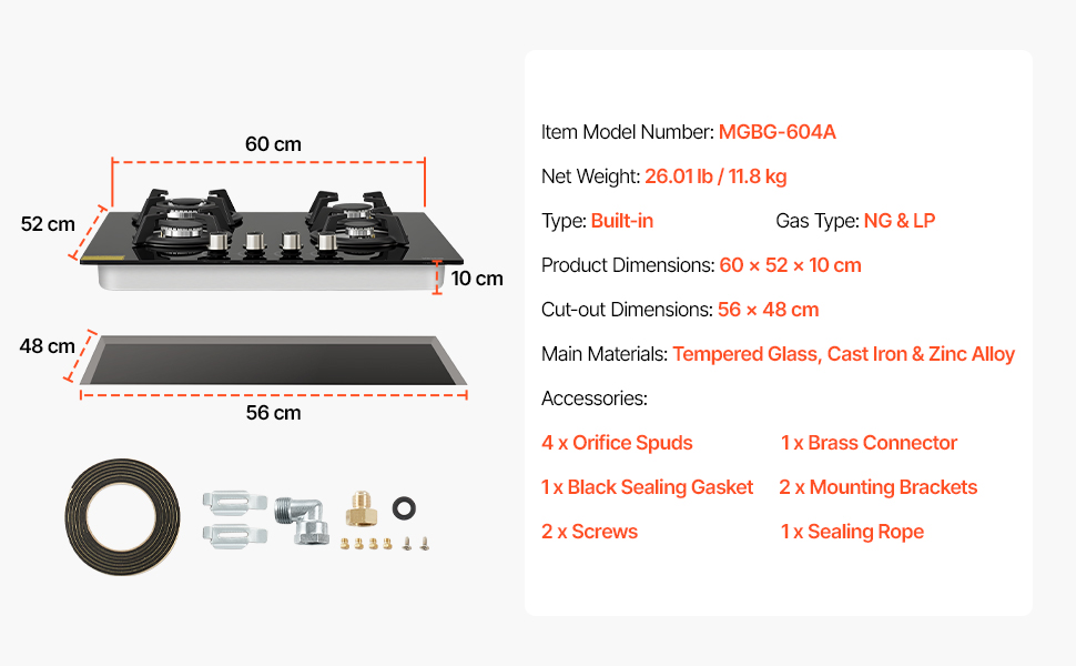 Gaskochfeld 60cm 4 Zonen Einbau Glas LPG Erdgas Thermosicherung Gas Cooktop A100 1.11 Pt