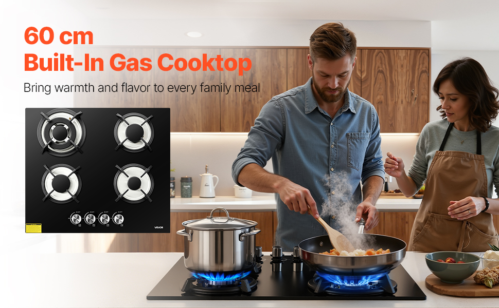 Gaskochfeld 60cm 4 Zonen Einbau Glas LPG Erdgas Thermosicherung Gas Cooktop A100 1.4 Pt