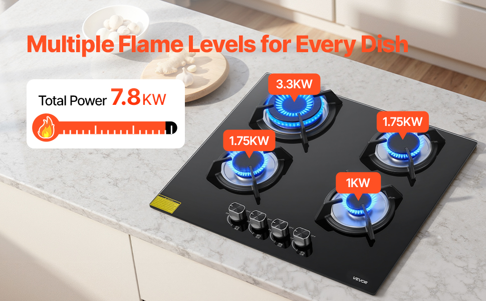 Gaskochfeld 60cm 4 Zonen Einbau Glas LPG Erdgas Thermosicherung Gas Cooktop A100 2.2 Pt
