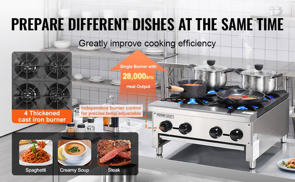 VEVOR Commercial Gas Range Stove 4 Burners Countertop Cooking Hot Plate
