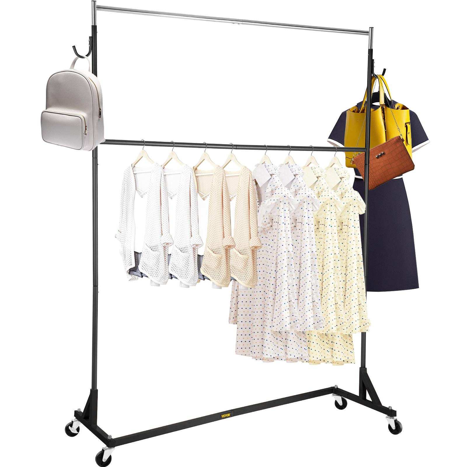 Heavy Duty Commercial Grade Single Bar Z Rack Clothing Garment Clothes Rolling 