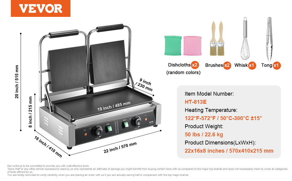 VEVOR panini press ht-813e with heating options, accessories, and dimensions in inches and mm.