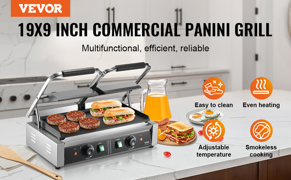 VEVOR panini press, 19x9 inch commercial grill, burgers and sandwiches cooking in a clean kitchen.