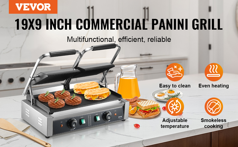 VEVOR panini press: 19x9 inch commercial grill with sandwiches, burgers, controls, and feature icons.