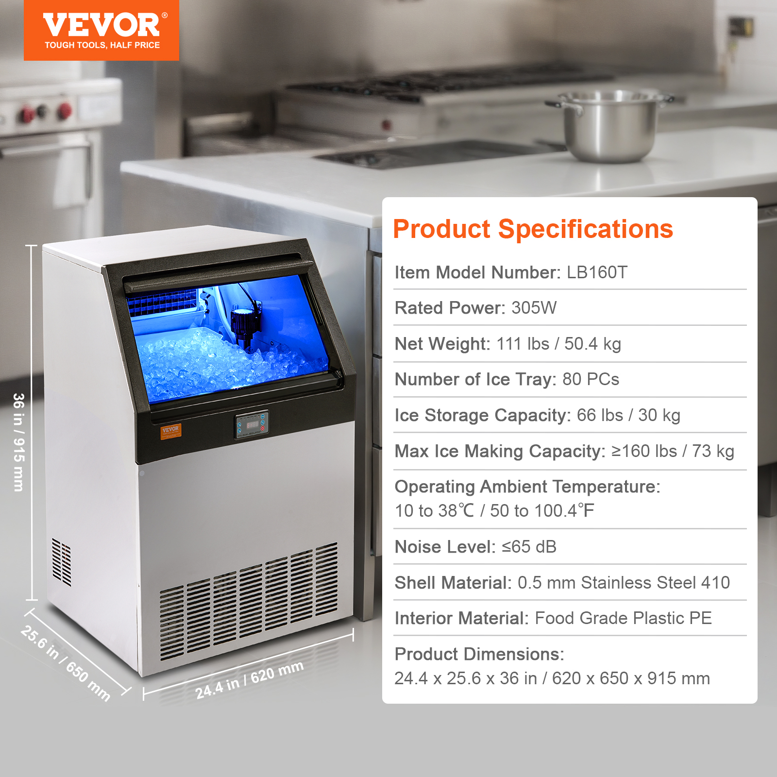 VEVOR 160/200/265lb Commercial Ice Maker Undercounter Ice Cube Machine Stainless