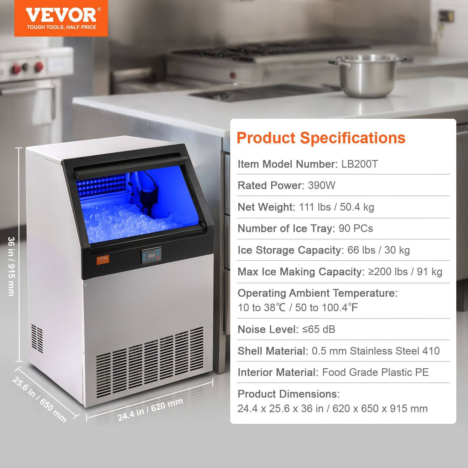 VEVOR 160/200/265lbs Commercial Ice Maker Undercounter Ice Cube Machine W/ Pump