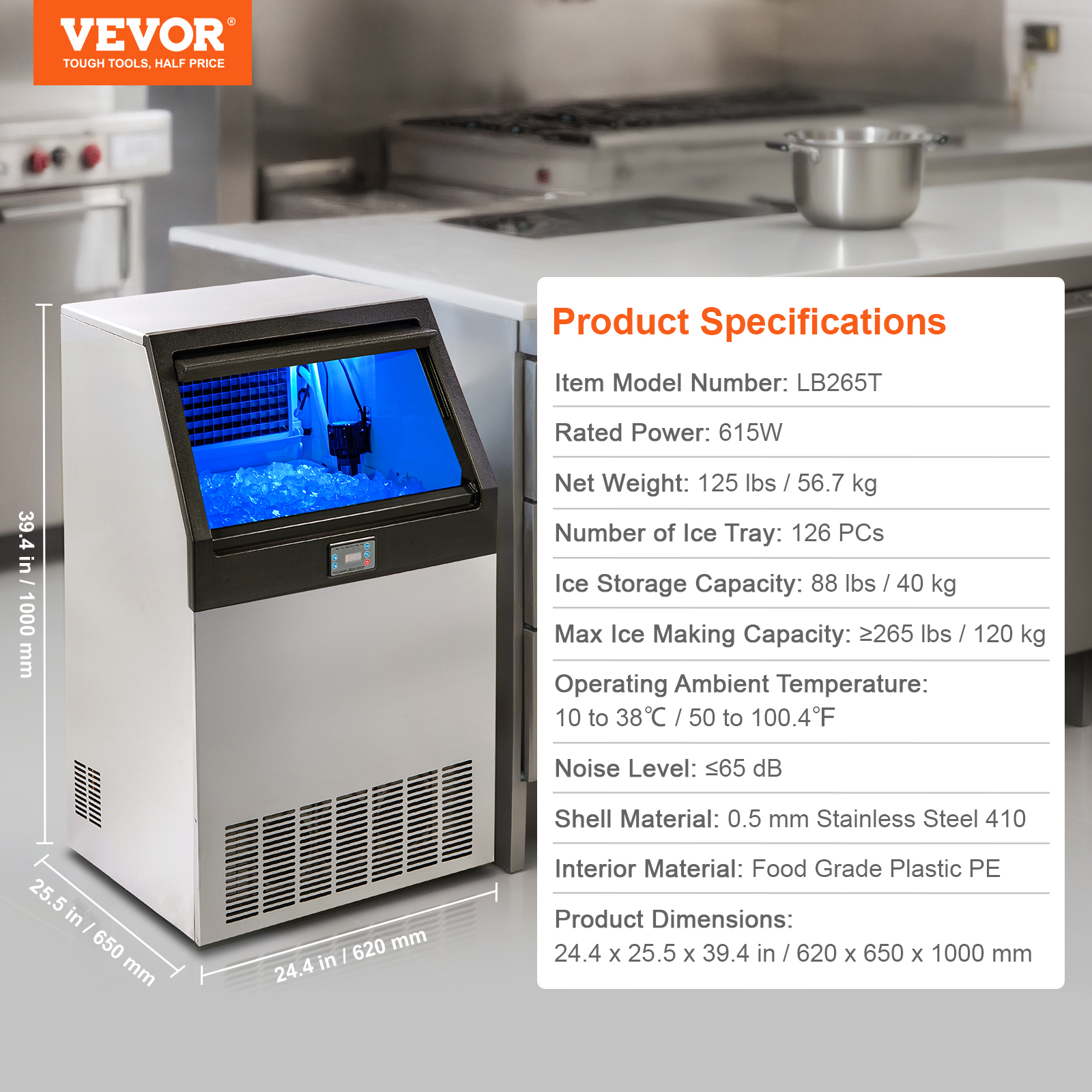 VEVOR 160/200/265lbs Commercial Ice Maker Undercounter Ice Cube Machine W/ Pump