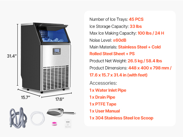 Commercial Ice Maker Freestanding Cabinet Machine 100lbs/24H 45 Ice Cubes
