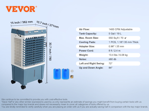 VEVOR Evaporative Cooler, 1400 CFM Air Cooler, 84° Oscillating Swamp Cooler ,5 Gal Portable Air Cooler for 550 Sq.ft with 3 Speeds Adjustable Control, Indoor Outdoor Use, FCC Listed