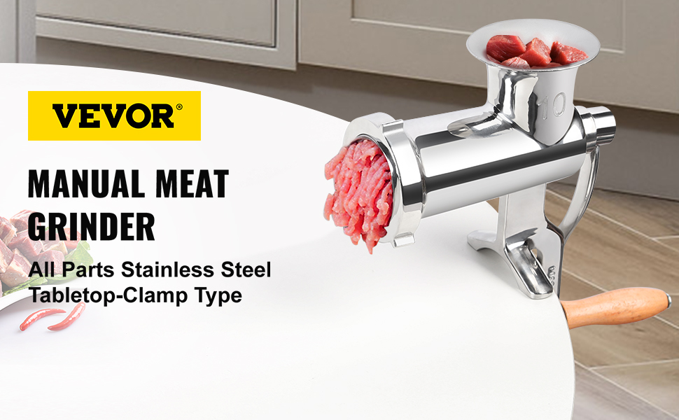 Picadora manual de carne, molinillo de carne manual de acero inoxidable 304  con ventosa + abrazadera de mesa de acero, máquina de salchichas y 2