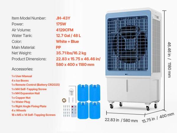 Evaporative Air Cooler 4129 CFM with 12.7 Gal Water Tank Portable Swamp Cooler