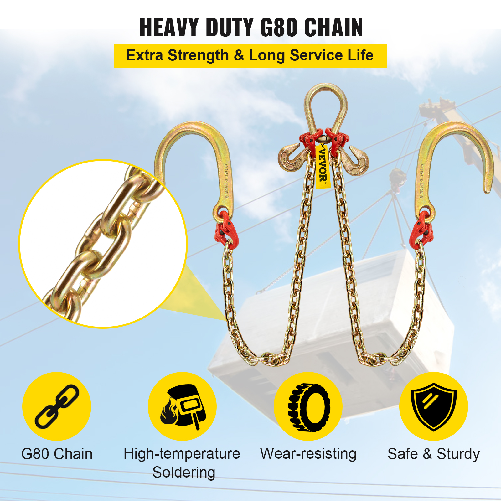 VEVOR 5/16"x2' Tow Chain J Hook G80 V-Chain Bridle w/ TJ/RJ Grabe Hook