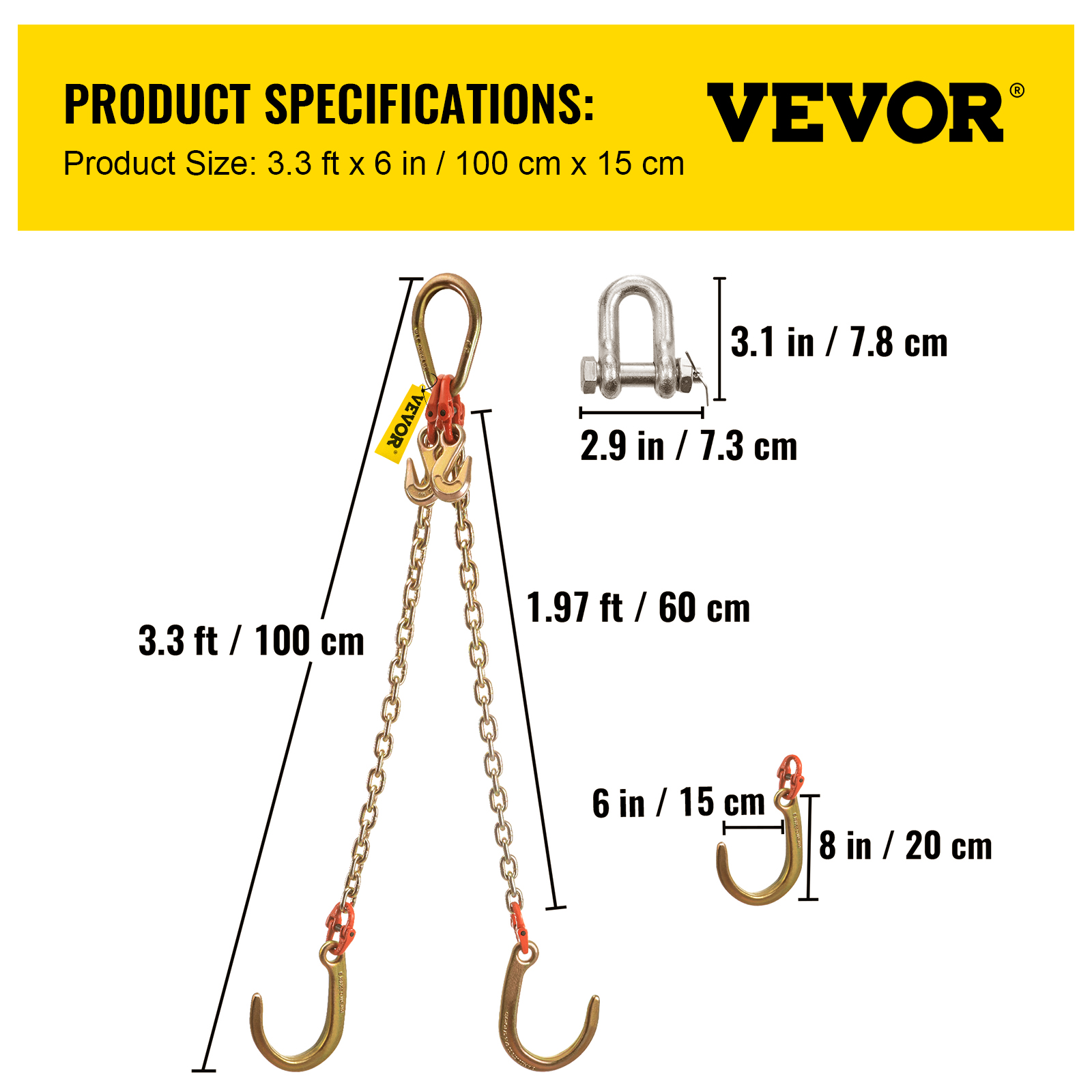 VEVOR 5/16"x2' Tow Chain J Hook G80 V-Chain Bridle w/ TJ/RJ Grabe Hook