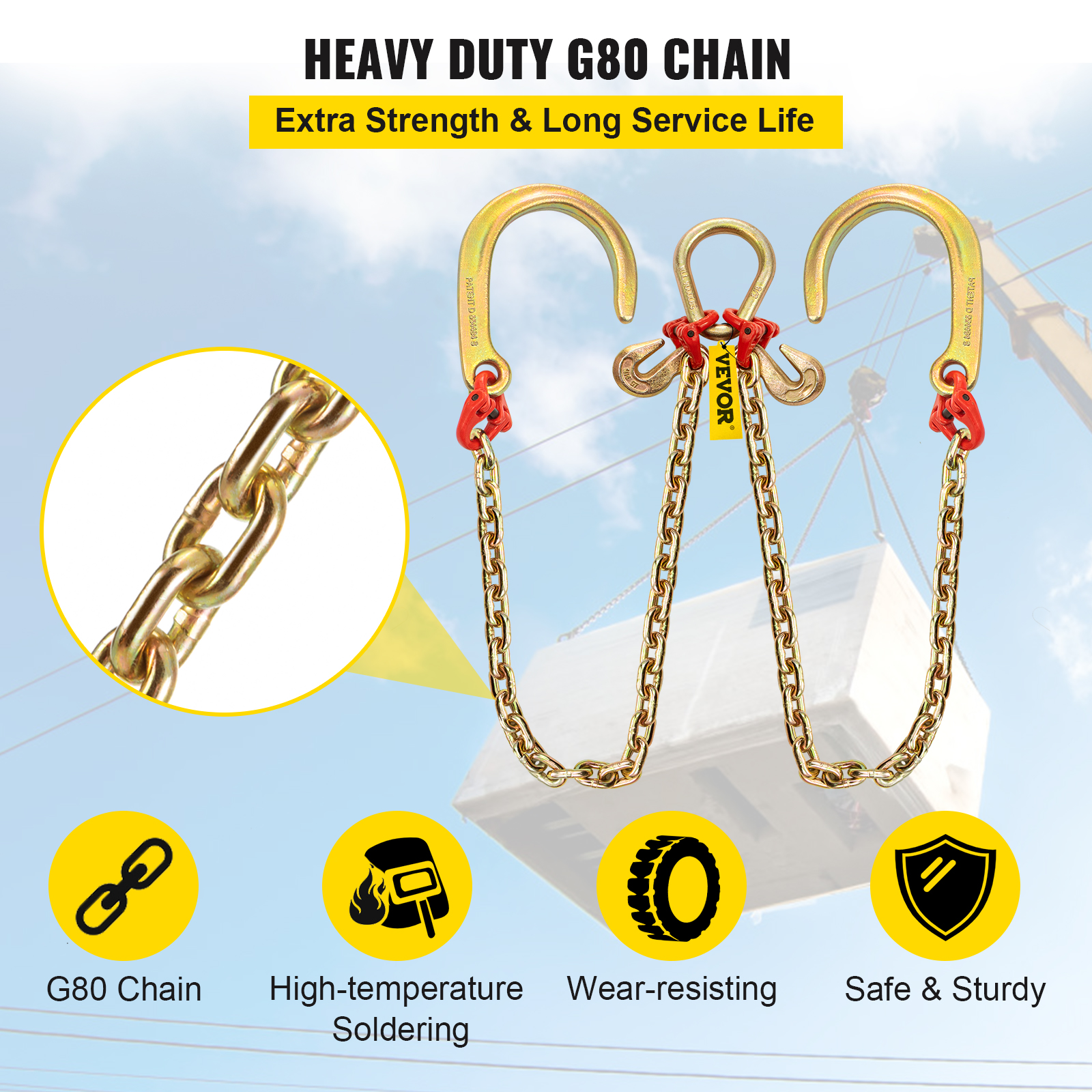 VEVOR 5/16"x2' Tow Chain J Hook G80 V-Chain Bridle w/ TJ/RJ Grabe Hook