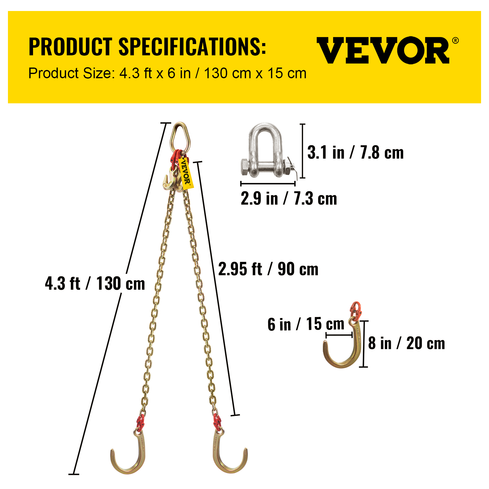 VEVOR 5/16"x2' Tow Chain J Hook G80 V-Chain Bridle w/ TJ/RJ Grabe Hook