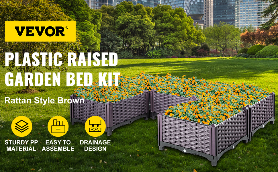 VEVOR Plastic Raised Garden Bed, 9H Flower Box Kit, Brown Rattan Style