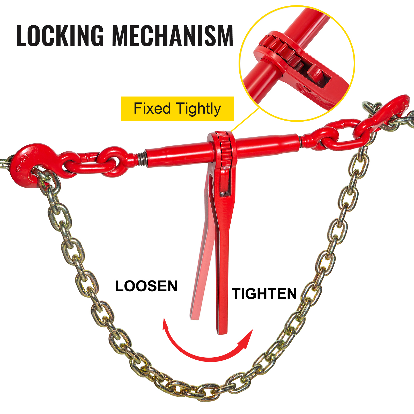 thumbnail interactive-video image 1 of 4-Pack 3/8 – 1/2 Inch Ratchet Binders - 9215 Lbs WLL, G70 Hooks, Adjustable For Grade 70-80 Chains, Tie Down For Hauling & Towing (Red) 1 of 2
