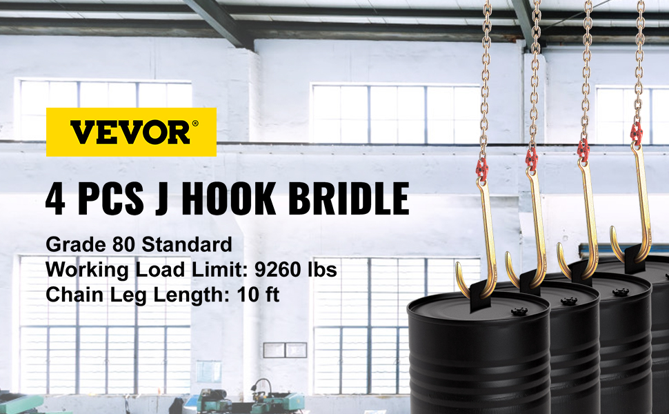 J Hook Chain, 5/16 in x 10 ft Tow Chain Bridle, Grade 80 J Hook Transport  Chain, 9260 Lbs Break Strength with RTJ Hooks & Grab Hooks, Tow Hooks for