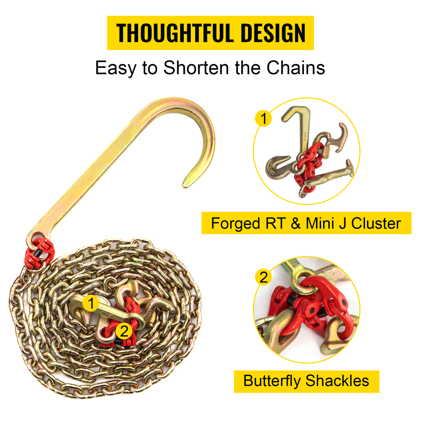 thumbnail image 2 of VEVOR V Bridle Chain 5/16 X 2 Ft - Grade 80 Tow Chain With TJ Hooks, 9260 Lbs Break Strength 2 of 4
