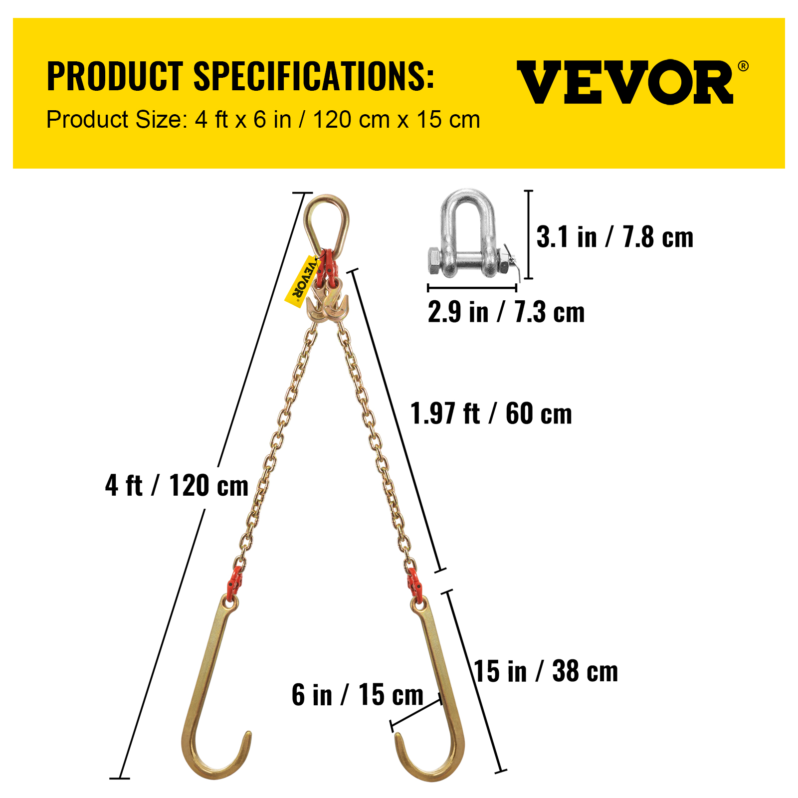 VEVOR 5/16"x2' Tow Chain J Hook G80 V-Chain Bridle w/ TJ/RJ Grabe Hook