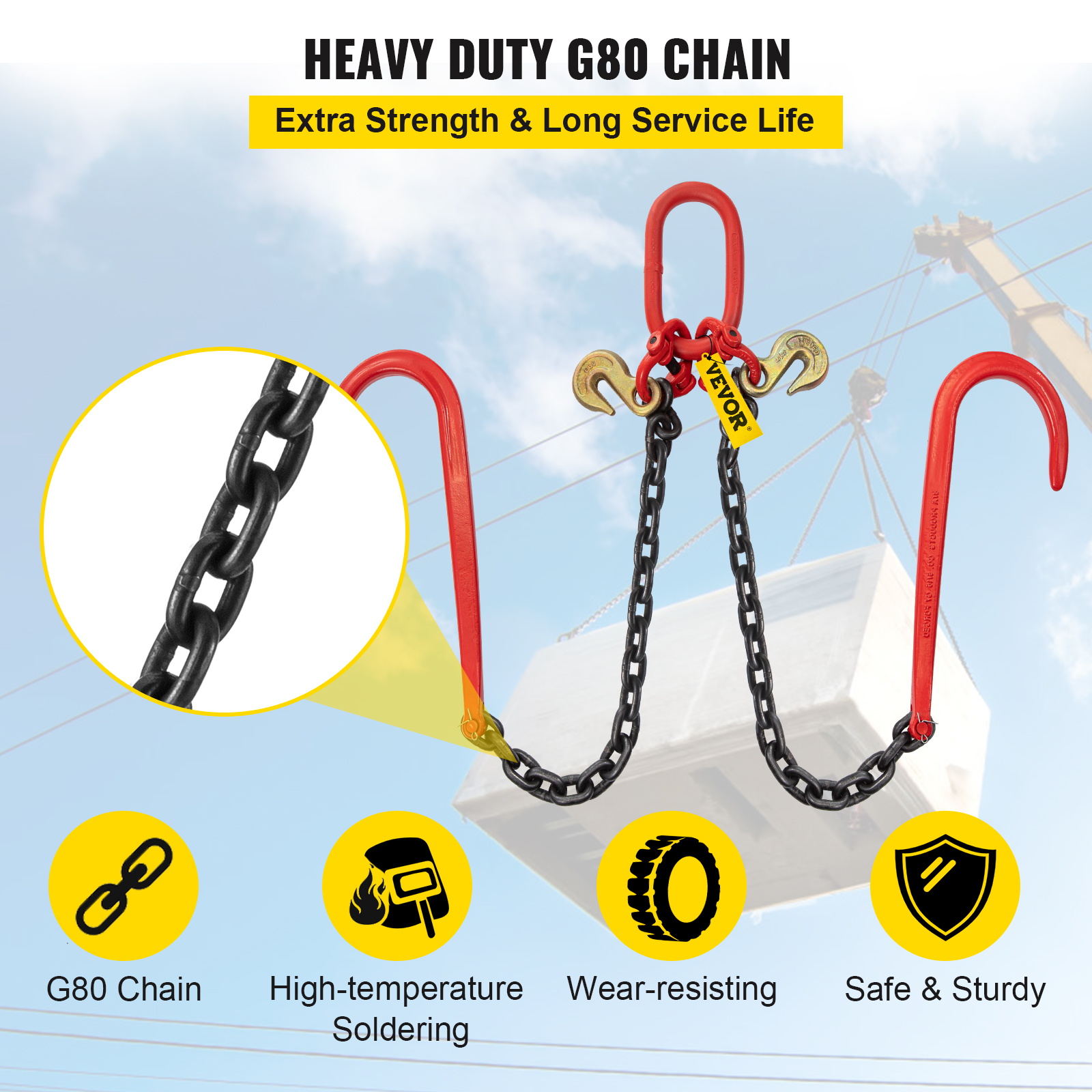 VEVOR 5/16"x2' Tow Chain J Hook G80 V-Chain Bridle w/ TJ/RJ Grabe Hook