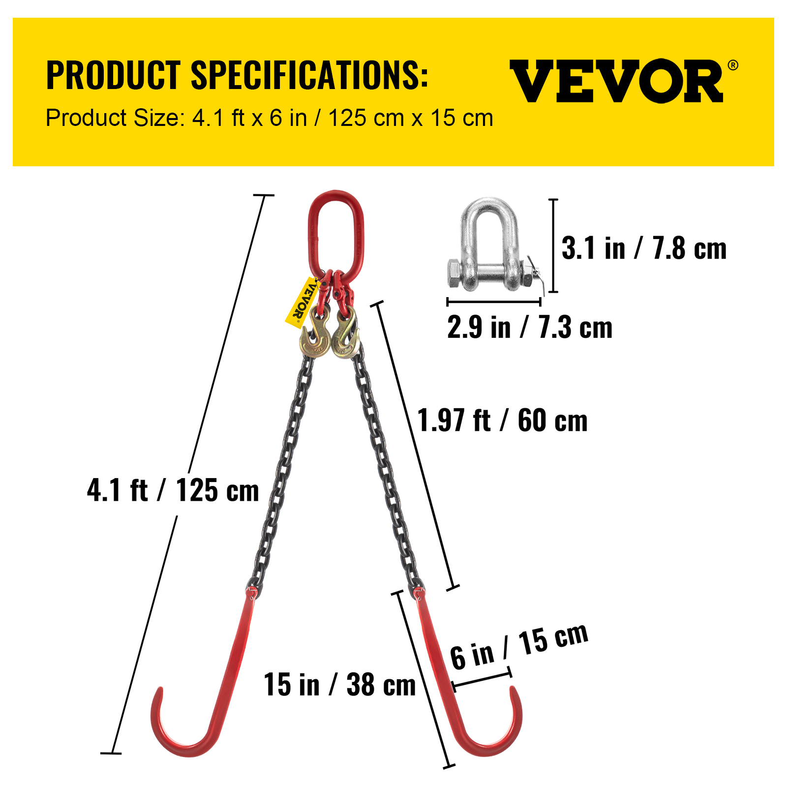 VEVOR 5/16"x2' Tow Chain J Hook G80 V-Chain Bridle w/ TJ/RJ Grabe Hook