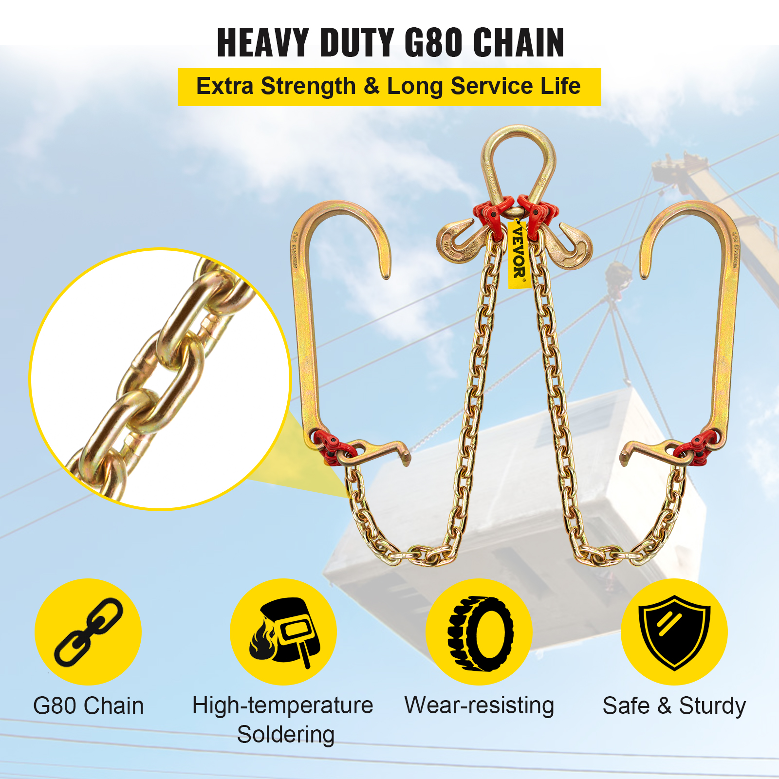 VEVOR 5/16"x2' Tow Chain J Hook G80 V-Chain Bridle w/ TJ/RJ Grabe Hook