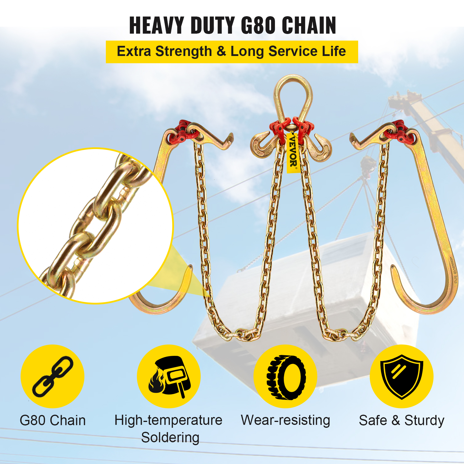 VEVOR 5/16"x2' Tow Chain J Hook G80 V-Chain Bridle w/ TJ/RJ Grabe Hook