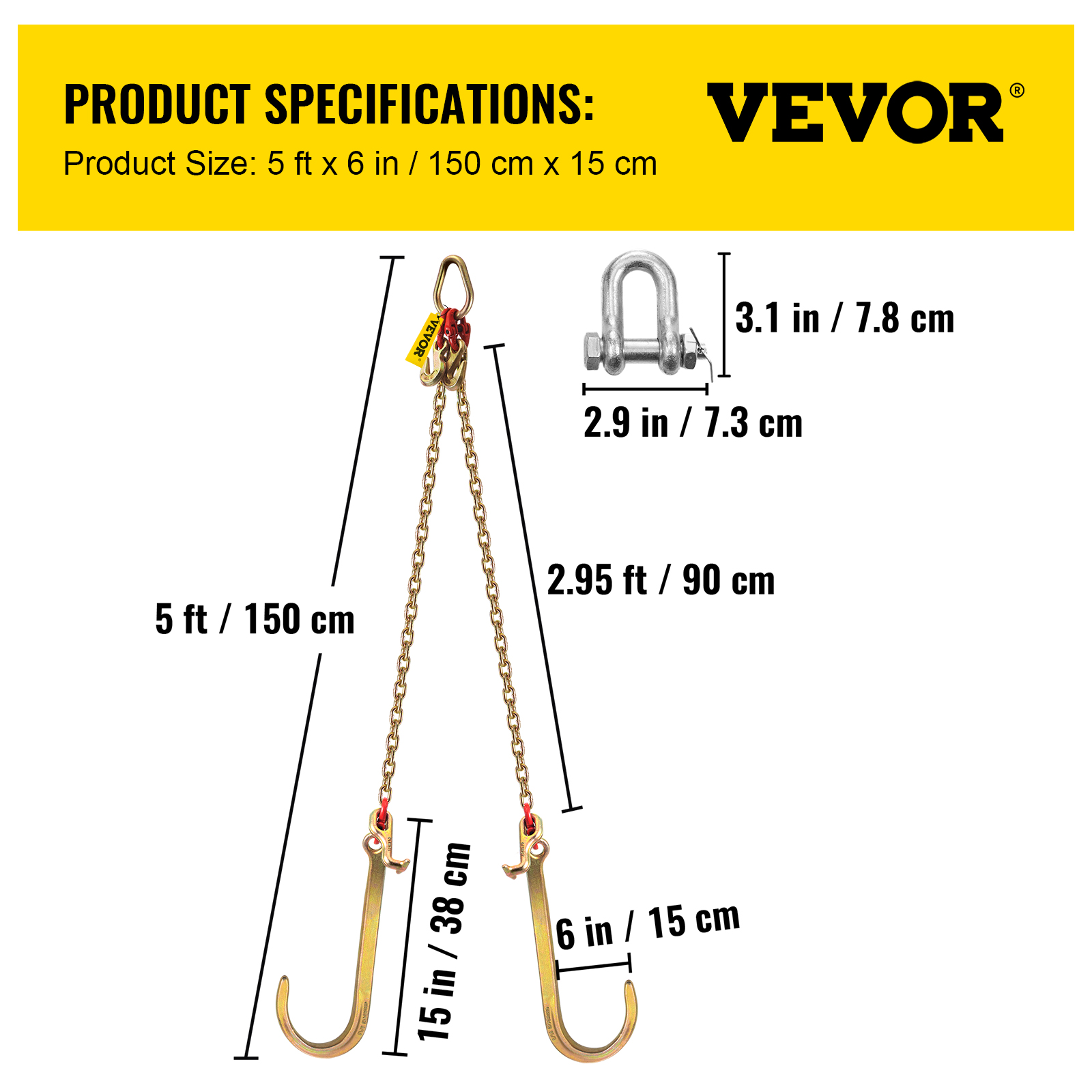 VEVOR 5/16"x2' Tow Chain J Hook G80 V-Chain Bridle w/ TJ/RJ Grabe Hook