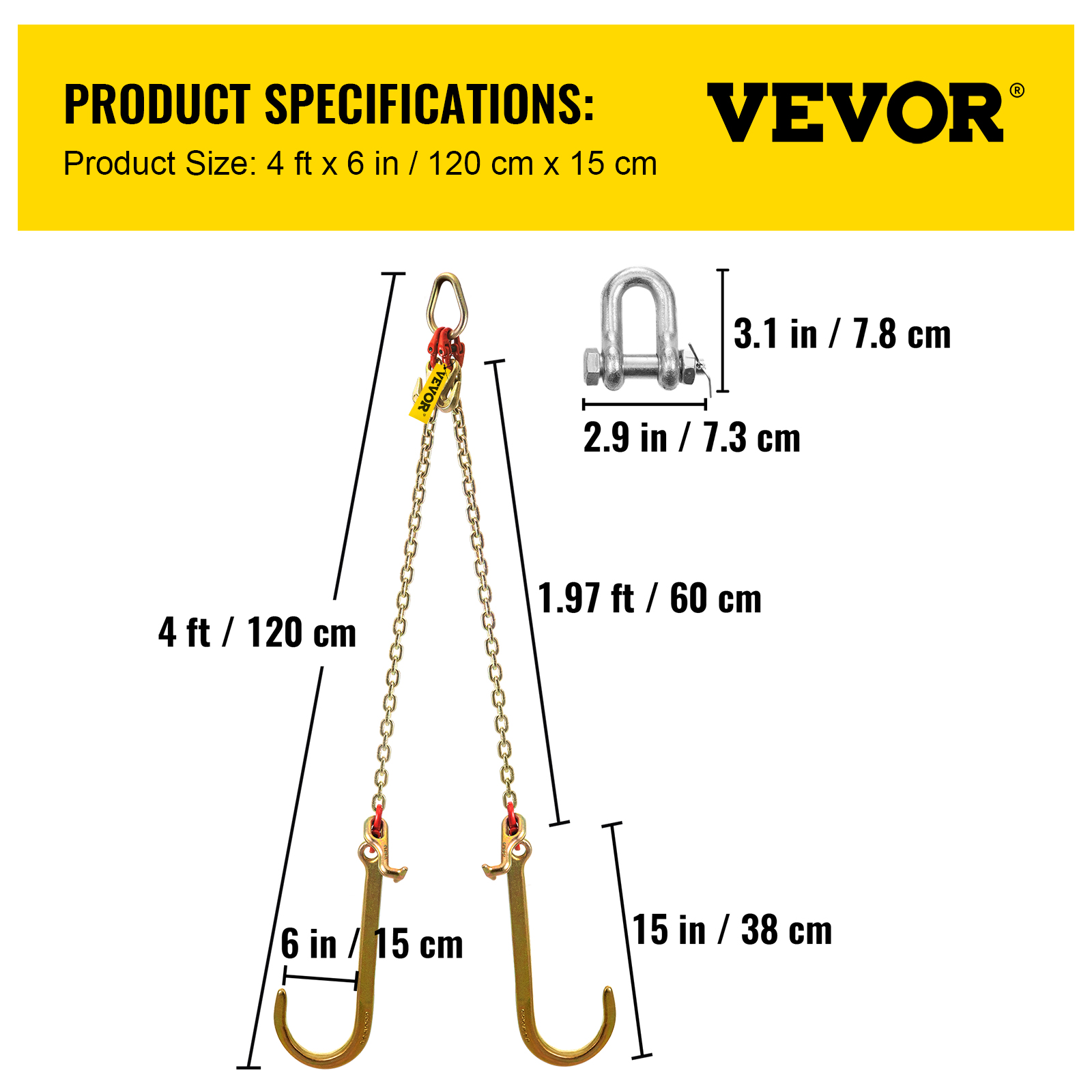 VEVOR 5/16"x2' Tow Chain J Hook G80 V-Chain Bridle w/ TJ/RJ Grabe Hook