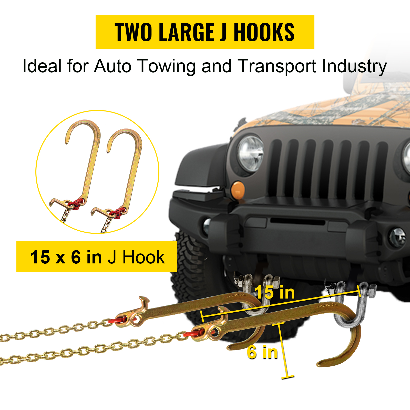 Tow Recovery w/ G80-3/8 x 3' Chain 7100# Lbs, Two 15 J-Hook