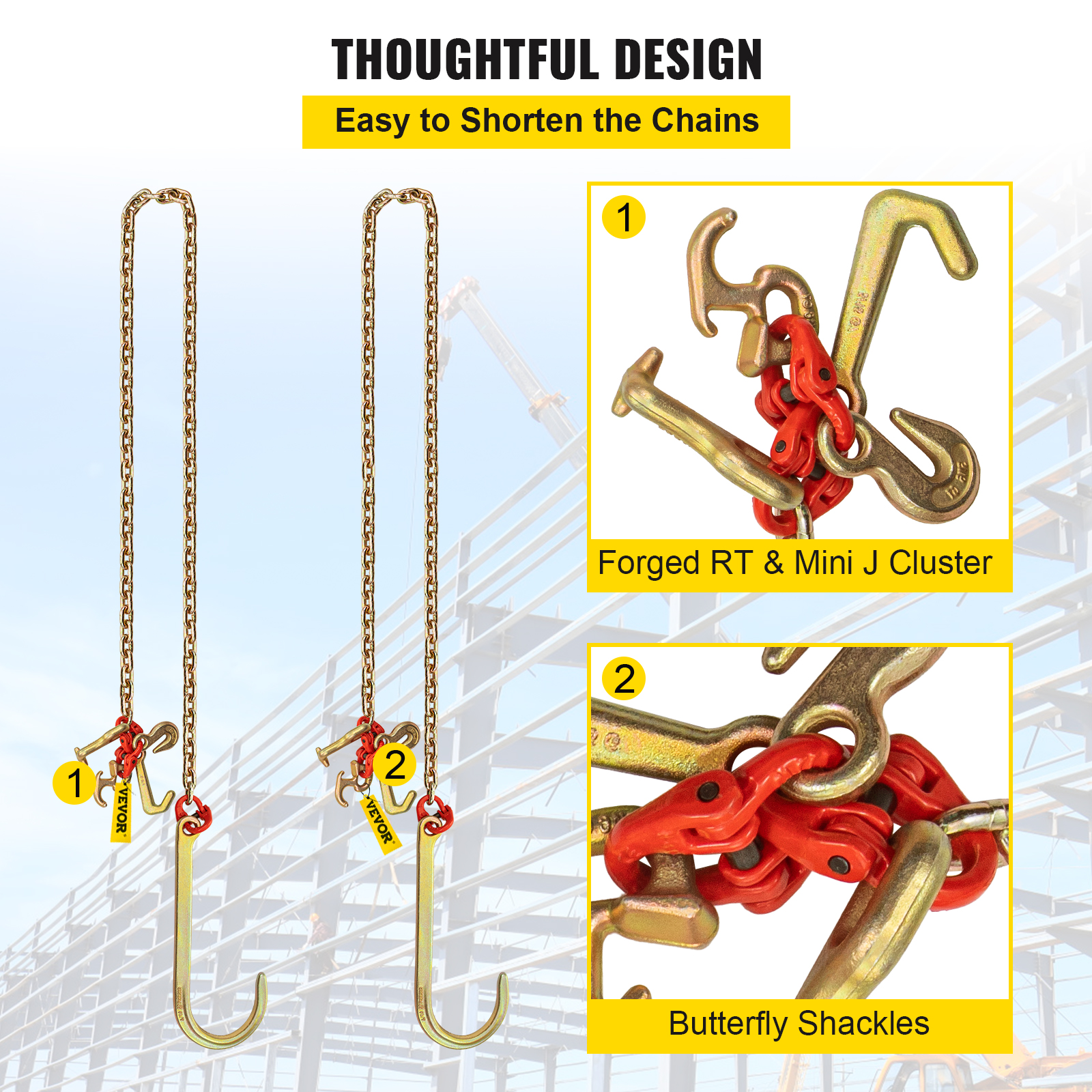 VEVOR Tow Chain J Hook 5/16"×2'/3'/10' V-Chain Bridle w/ 15" Large R T J Hooks - Picture 29 of 50